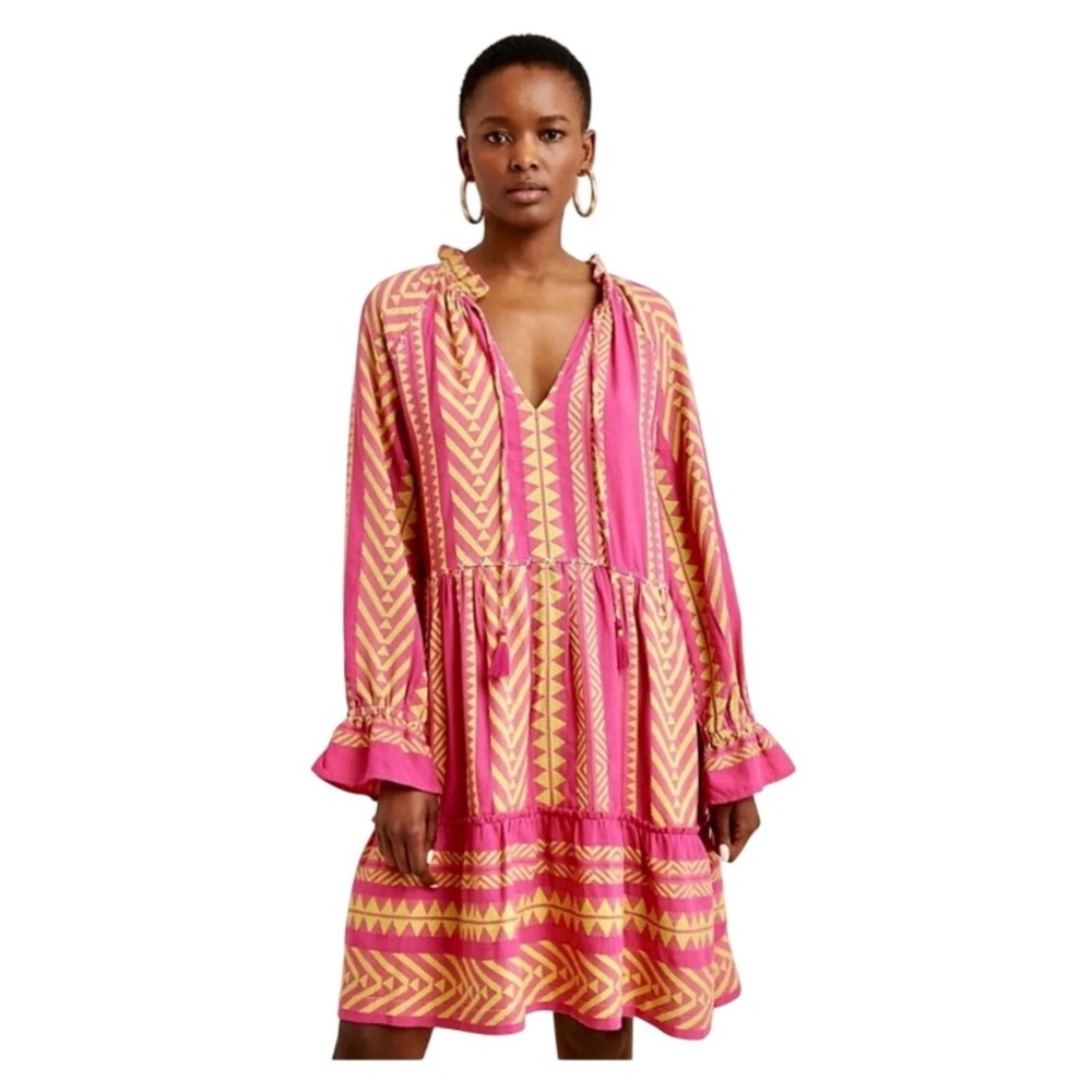 Anthropologie Pink and Gold Patterned Mini Dress